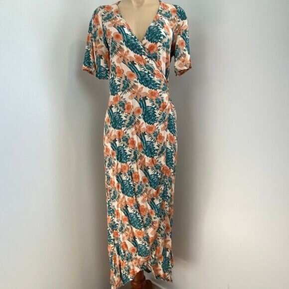Roxy Medium Green Orange Floral Hawaiian Wrap Maxi Dress Summer Beach Coastal - Picture 1 of 13